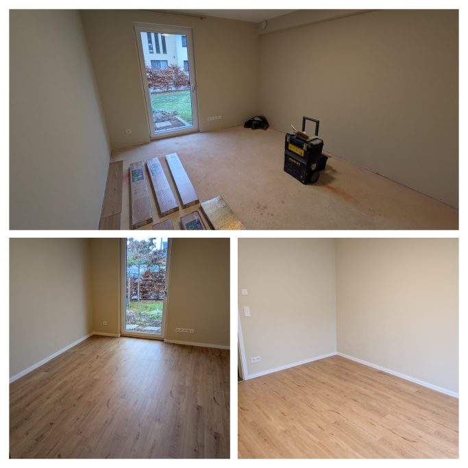 Leerer Raum mit Bodenbelag, Fenster und Tür, Holzparkett in hellem Farbton.