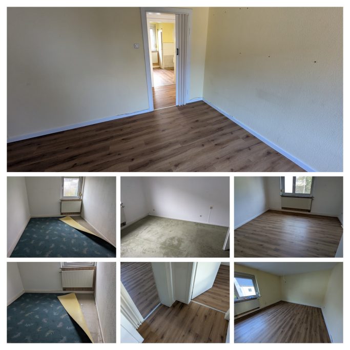 Leere Räume mit verschiedenen Bodenbelägen und gelben Wänden.